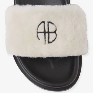 ANINE BING Britt Faux Fur Fuzzy Printed Slides in White & Black Size 40